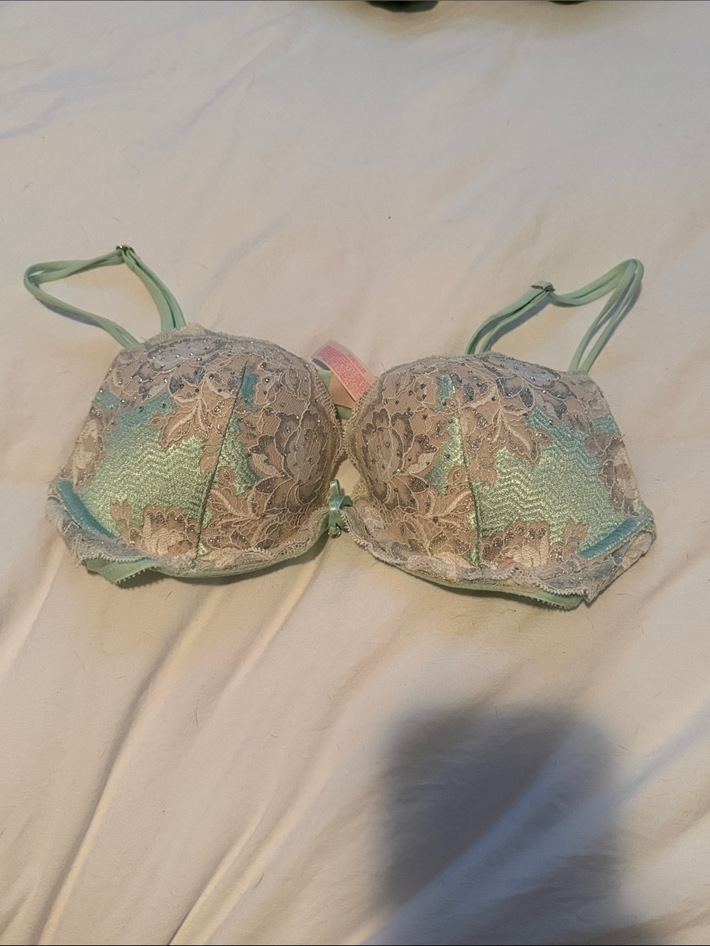 Victoria's Secret Mint Green Bra with Beige Lace Overlay